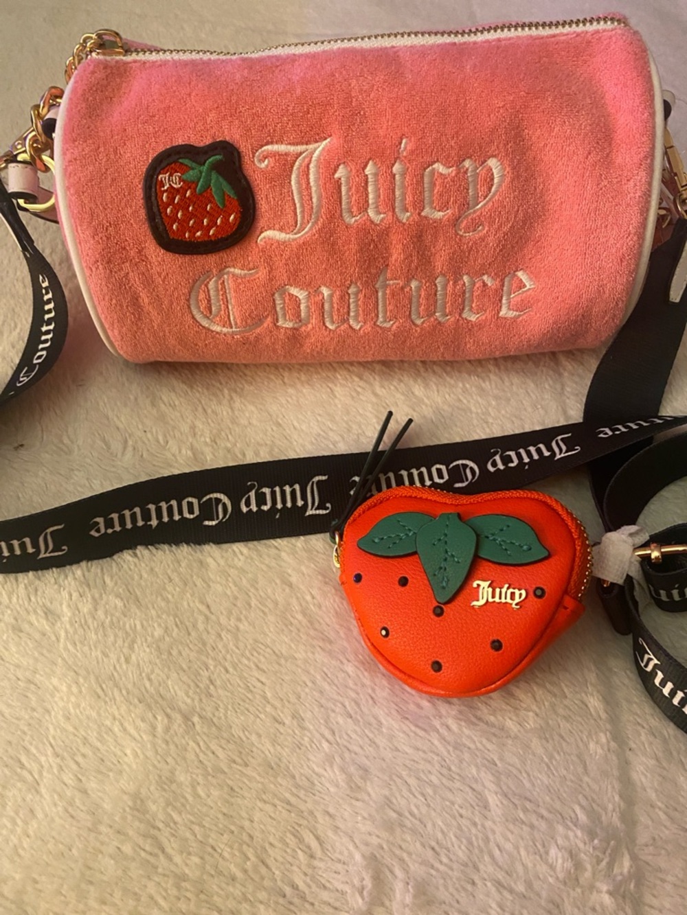 Juicy Couture Pink Plush Crossbody Barrel Bag with red Strawberry Coin Purse